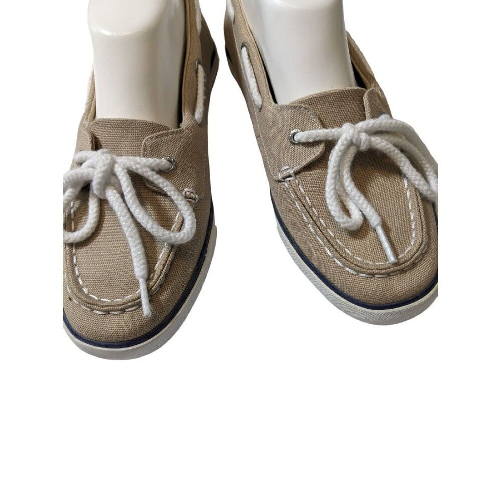 Nautica Womens Size 9 Boat Shoes Tan Canvas White Laced Deck Marine Flats Casual - Picture 4 of 11